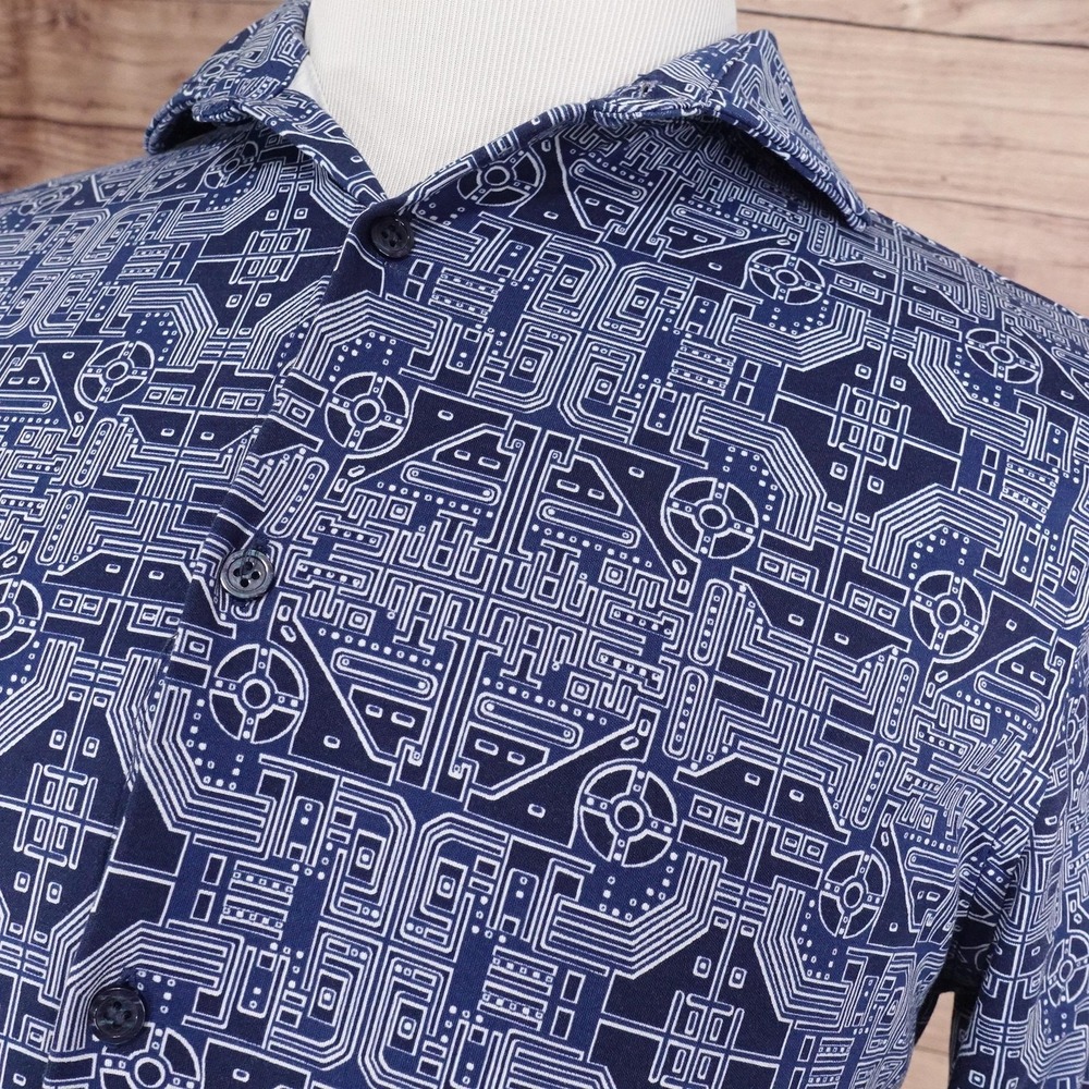 Murano Liquid Luxury Shirt M Blue Tech Circuit Print Button-Up Slim Fit View 2